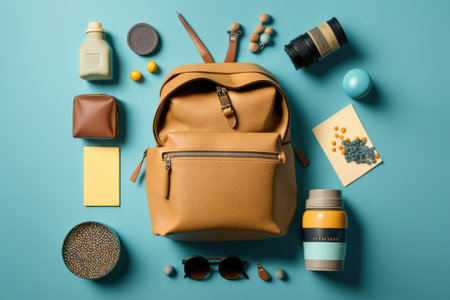Colored background flat lay featuring a bag and its contents. Generative AIの素材