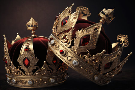 A pair of gold crowns lined in red velvet and studded with jewels fit for a king. Generative AIの素材
