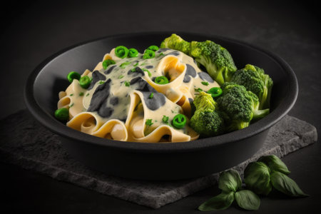A dish of pasta with green veggies and a creamy sauce is displayed in a black bowl on a stone background. This is a really close up shot. Generative AIの素材