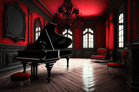 A grand piano in a black and crimson music room . Generative AIの素材