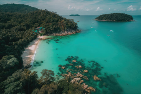 Amazing beach and lovely water in the Andaman Sea may be found at Patong, Phuket, Thailand, between September 16 and September 21, 2021. View from above Wide angle drone camera footage. Generative AIの素材