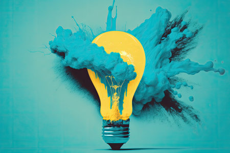 A spray effect is applied to a yellow lightbulb, which is superimposed over a cyan background. Theorizing ingenuity and originality. Generative AIの素材