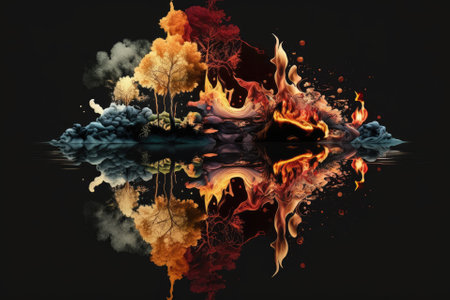 An image of fire and its reflection in water, superimposed on a dark background. Generative AIの素材