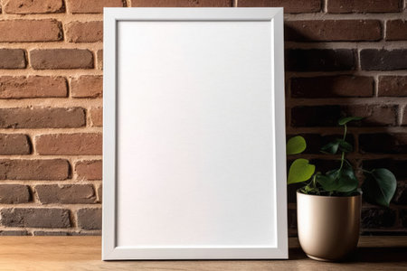 A brick wall has an empty frame above a wooden table. a light-filled roomの素材