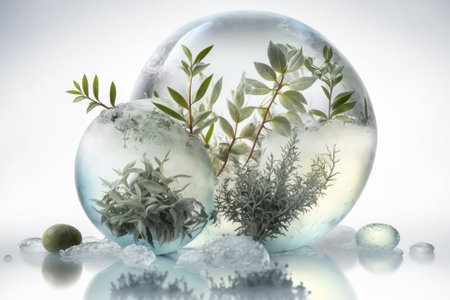 Balls of ice with frozen plants melt over a background of wet off white water. Herbs like thyme, oregano, and rosemary. Greenery encased in ice and frozen solid. Natural light with no artificial light. Generative AIの素材