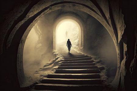 An ascending or descending stairway to the hereafter. Hope at the End of the Tunnel. Generative AIの素材