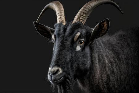 Curved horned black goat with a black background. Generative AIの素材