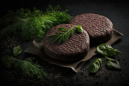 Beef burger patties made from ground beef and herbs, ready to be grilled over a BBQ. All black backdrop. Perspective from on high. Generative AIの素材