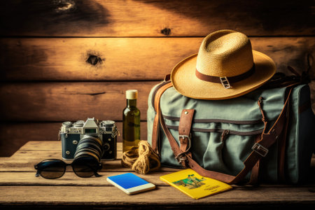 A packed luggage full of vacation essentials sits on a wooden background. Generative AIの素材