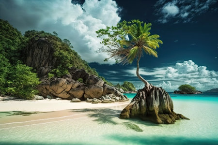 Anse Lazio, Seychelles, is a tropical island with palm trees and white sand beaches. A lone palm tree towers above the beach, which is often abandoned. Generative AIの素材