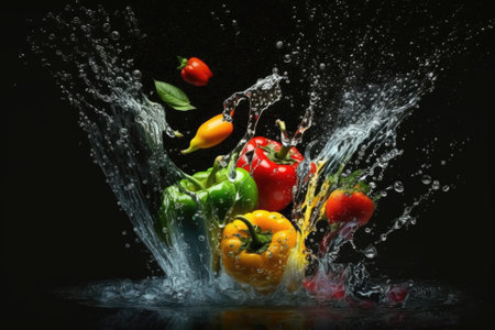 Black background with a splash of water and several vegetables. Generative AIの素材
