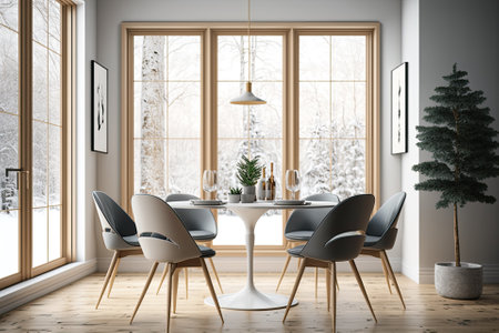 Beautiful modern dining room with a large window, white walls, four comfortable chairs, and an oak parquet floor. Modern, understated style. Test run. Generative AIの素材