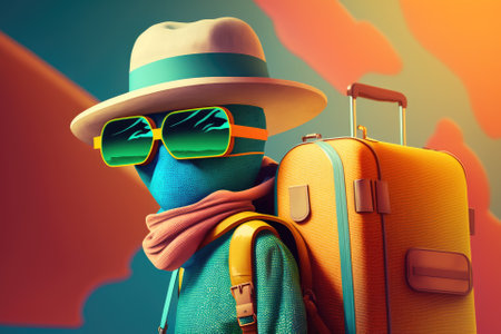 Abstract of a traveler carrying a face mask, sunglasses, and a hat in the form of luggage showing restrictions on travel. Generative AIの素材