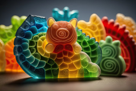 Cutaway macro of a rainbow of gummy bears. Generative AIの素材