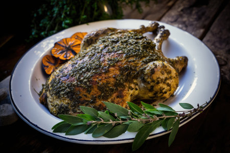 Butterflied, herb crusted chicken from an oven baked bird. Generative AIの素材