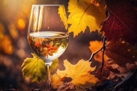 Close up of a white wine glass next to a grapevine with autumnal red and yellow leaves on a vineyard in bright sunlight. Generative AIの素材