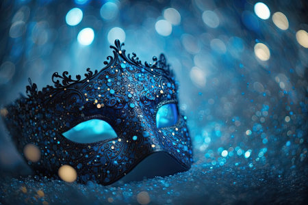 Blue glittering Bokeh illuminated carnival mask. Generative AIの素材