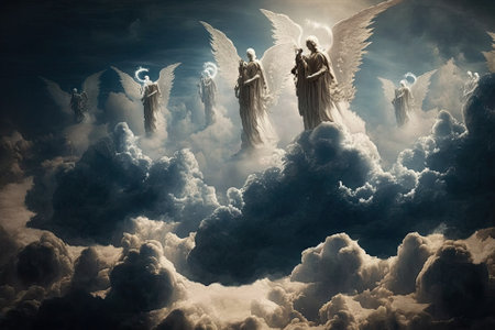 Ascending angels. Angelic figures appear in the clouds. Generative AIの素材