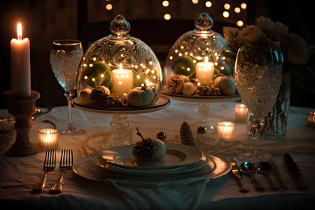Beautiful tablescape for two with lit candles and twinkling holiday bulbs. Generative AIの素材