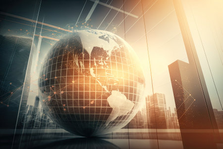 Creative financial abstract graph and globe map on a hazy modern office building background, representing finance and trading. Multiexposure. Generative AIの素材