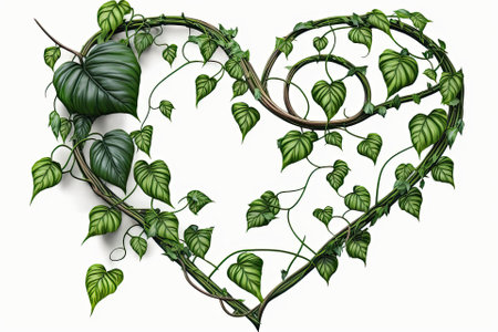Clipping route included, twisted jungle vine liana plant with heart shaped green leaves, isolated on white. Generative AIの素材