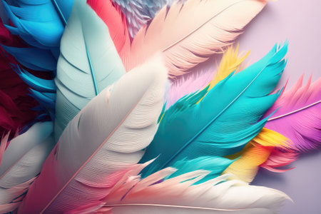 Background banner with a rainbow of pastel colored angel feathers, with a pile of long feathers in the lower left corner. Generative AIの素材