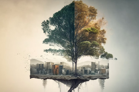 Double exposure of a tree against a backdrop of urban construction and nature. Generative AIの素材