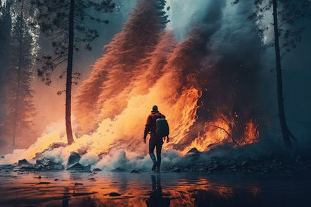 A forest fire is extinguished by a firefighter. Water is poured by the lifeguard. A natural blaze. Fire and smoke. Generative AIの素材