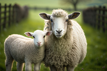 A mother ewe and her lamb stand facing the camera in a lush field. Lamb is sticking her tongue out. Having a mother who loves you unconditionally is a central theme. Positioned horizontally, a landsca. Generative AIの素材