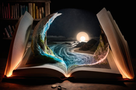 Dive into exciting new worlds. a photograph of a lit storybook lying open on a table. Generative AIの素材