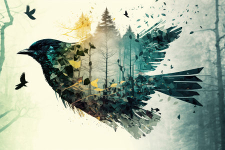 Elements of a forest and a flying bird captured in a double exposure. A stylized abstract film depicting the idea of spring. Generative AIの素材