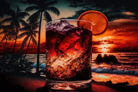 Chilled black rum cocktail with ice and tropical fruit, aged in oak. At the beach, the sky turns a gorgeous shade of red as night falls. Generative AIの素材