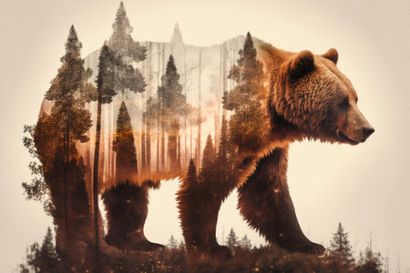 Double exposure of a brown bear in a pine woodland. Generative AIの素材