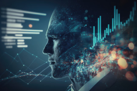 Algorithmic trading is represented by a double exposure of a financial graph and a virtual human illustration on a background of business technology. Generative AIの素材