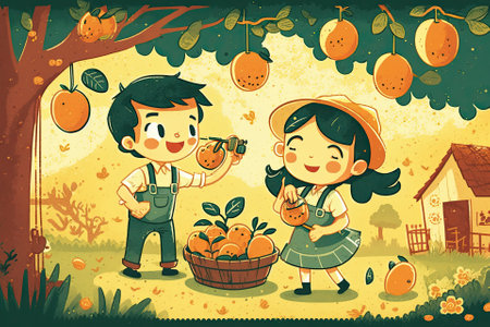 Illustration of a cartoon boy and girl picking oranges on a farm. Generative AIの素材
