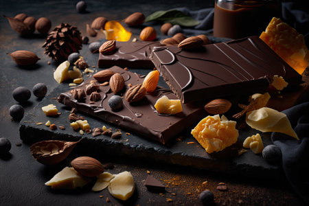 Chocolate bars, caramel, nuts, and nougat on a slate board, up close. Generative AIの素材