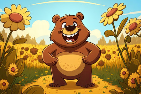 Brown bear cartoon with a big grin, chilling out in a sunflower field. Generative AIの素材