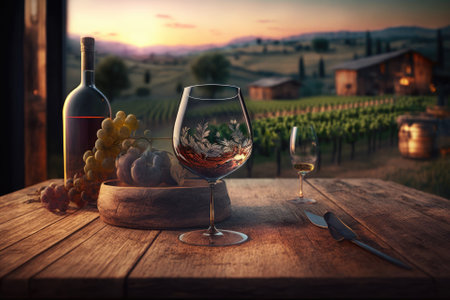 In the evening of a summer day. Panoramic view of vineyards at dusk, with a still life of a red wine glass on a wooden table. The concept of winemaking, festivals, tasting, and a refined way of life. Generative AIの素材