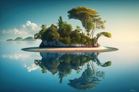 Peaceful tropical island with a reflection in the sea. Generative AIの素材