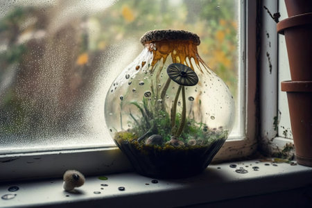 Fungal growth looks like black mold on the window sill. The idea of a dampness issue. Water droplets on the glass. Generative AIの素材