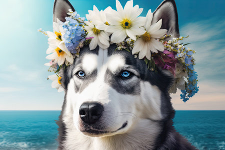 Floral crowned dog image in close up, set on a blue sea background. Doggy flower crown. Outdoors, a Siberian husky is a striking black and white. Summertime. In canine terms, a purebred with a paper t. Generative AIの素材