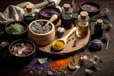 Herbal components in cosmetics perspective from on high wood as a setting. A smattering of dried holistic flowers, salt, oil infused with massage herbs, an aroma dropper, and a spoon. Generative AIの素材