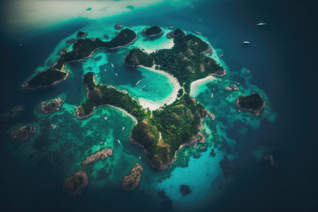 Incredible aerial view of a tropical island in the middle of the ocean from a plane. Places to Visit in Thailand. Generative AIの素材