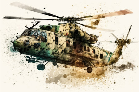 Helicopter of the military in flight, white background. Generative AIの素材