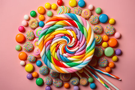 Jelly beans and other candy in a rainbow of colors on sticks. Top view of multicolored striped candy spiral on a pink background. Generative AIの素材
