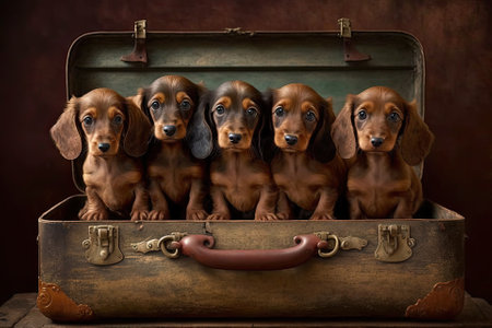 Five dachshund pups in a battered brown luggage. Generative AIの素材
