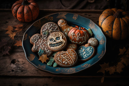 Gingerbread cookies in a plate on a wooden table for Halloween. Generative AIの素材
