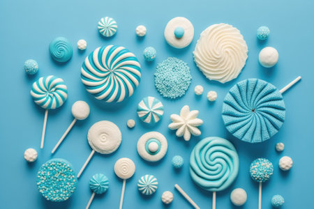Candies in all shapes and sizes. Blue background with white candy lollipop candies. Perspective flat lay from above, allowing for copy space. Generative AIの素材