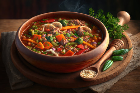 On the table a bowl of lentil stew topped with minced meat and a variety of veggies. Generative AIの素材