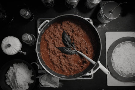 Cooking up some Bolognese sauce. A look down from above. Generative AIの素材